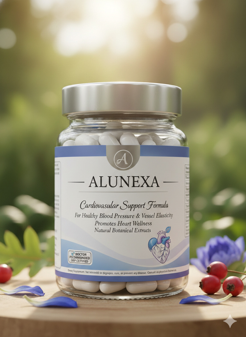 Alunexa dietary supplement bottle and capsules on a neutral surface